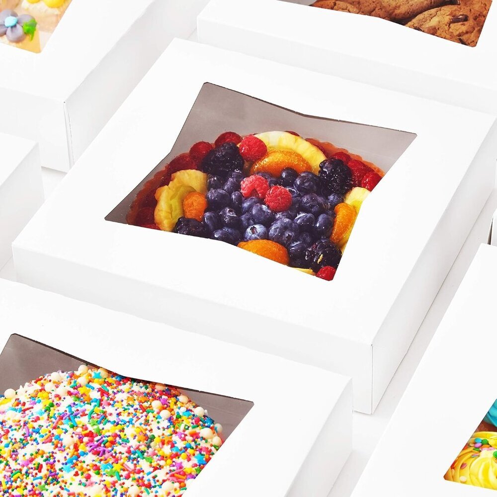 Gourmet 10in White Bakery Boxes 5 Pk. Cute Window Displays for Pies, Cakes, Cupc